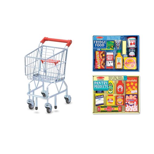 Melissa & Doug Grocery Cart & 2 Wooden Play Food Sets
