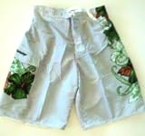 Mens Swim Trunks with Drawstring Waist, Half Elastic Back, Side Flap Pocket with Velcro Closing. Mesh Lined. Velcro Fly Front and Board Short Style Closure. White Stripe/Floral in Sizes S-XXL.