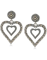 Sterling Silver Oxidized Marcasite Double Open Heart Drop Earrings