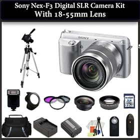 Sony Nex-F3 Digital SLR Camera Kit with 18-55mm Lens. Includes the Sony NEX-F3(Silver), 0.45X Wide Angle Lens, 2x Telephoto Lens, 3 Piece Filter Kit(UV-CPL-FLD), Flash, 32GB Memory Card, 67 Tripod, Extended Life Battery & More!