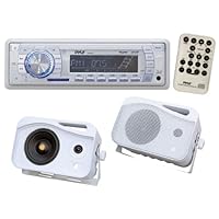 Pyle Full Audio Package for Car/Truck/SUV -- PLMR19W AM/FM-MPX PLL Tuning Radio with SD/MMC/USB and Weather Band + PLMR25 4 300 Watt 3-Way Home Audio All Weather Outdoor Speakers.