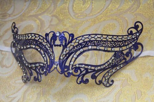 Mysterious Blue Laser Cut Venetian Swan Swirl Design Masquerade Mask for Mardi Gras Or Halloween - Decorated With Gem Crystals