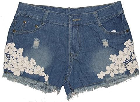 Amoin Casual Vintage Womens Lace Flower Jean Shorts Short Pant Trouser Cut-Off Denim