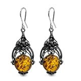 Certified Genuine Honey Amber and Sterling Silver Antique Reproduction Style Filigree Victorian Large Earrings