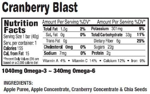 FruitChia Chia Bar - All Natural / Real Fruit & Chia Seed Bar With Omega-3 Healthy, Tasty & Certified Gluten-Free, Vegan, Non-GMO & Kosher ALL FRUIT GROWN and bar MADE IN THE USA, in our WA facilty! (Cranberry, 2-Pack Bars)