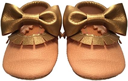 Peach Vegan Leather Mary Janes with Dark Gold Bow (0-6 m (4 1/4"))