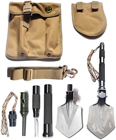Pagreberya Survival Shovel Kit with Multi Tools Paracord Whistle Knife Saw Firestarter, Compact Portable Folding Shovel for Outdoor Camping Backpacking Travel Emergency - Bonus Carrying Bag and Strap