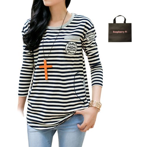 (ラズベリーパイ)RaspberryPi レディース ボーダー トップス ロンT カットソー S M L XL オリジナルエコバッグセット tc303