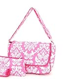 Diaper Bag Quilted Damask Messenger Style Fuchsia Pink White 3 Pieces