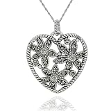 Sterling Silver Marcasite Flowers and Heart Pendant, 18