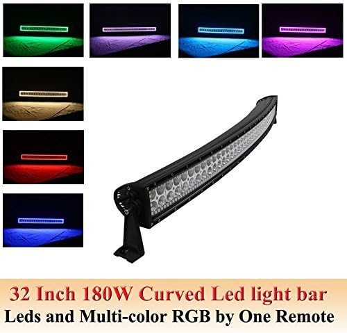 RioRand 32inch 180w combo Curved Led Work Light Bar installed with 5050 RGB halo ring strip color changing Driving led Lights Fog Lamp Offroad Lighting +Free master Turn on/off switch wireharness