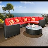 Luxury 6 Seater Rattan Modular Sofa, Round Table Black / Red Cushions