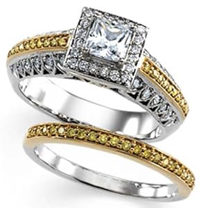 Two Tone Square Shaped Engagement Ring Set (Center stone is not included)