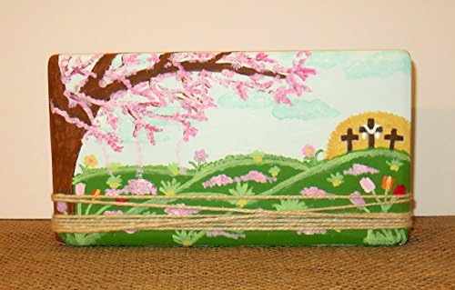 Hand-painted Easter and Spring Wood Block Art Picture Frame with crosses and cherry blossom tree