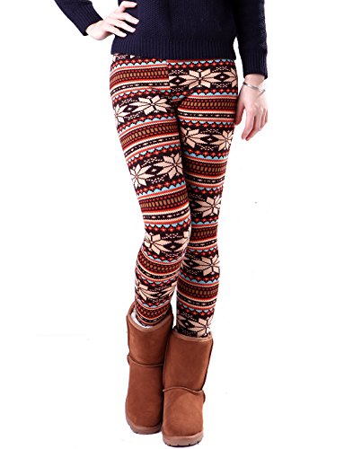 HDE Women Winter Knit Leggings Fleece Line Nordic Design Thermal Insulated Pants (White Poinsettia, Medium)