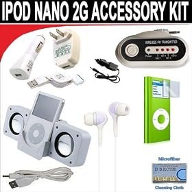 10 pc. Accessory kit for iPod Nano 2G. Includes White portable stereo speaker w/cable 3-in-1 iPod charging kit (1000mAH) Car FM Transmitter w/power cable White Mini soft Earbuds Reusable Pre-Cut Screen Protector and a DBROTH Microfiber Cleaning Cloth