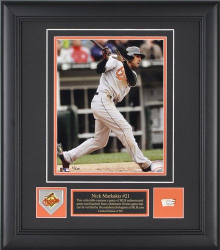 Nick Markakis Baltimore Orioles - Action - Framed 8x10 Photograph with Team Medallion and Game Used Baseball