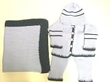 Cpk625bk, Knitted on Hand Knitted Machine Blue Cotton Navy Stripe Trimmed By Hand Crochet with Navy Chenille Infant Boys Cardigan Sweater Pant Hat Set and Matching Blanket