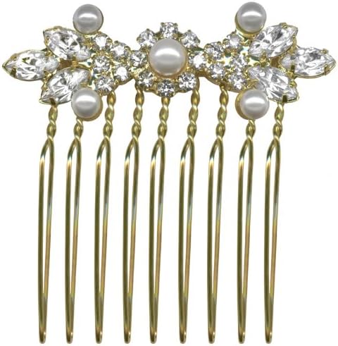 Gold Tone Faux Pearl Hair Comb-with FREE Organza Gift Bag-English Lace Pearl and Rhinestone Flower Hair Comb-Wedding Hair Accessories for Bride-Prom-Gift for Bridesmaids