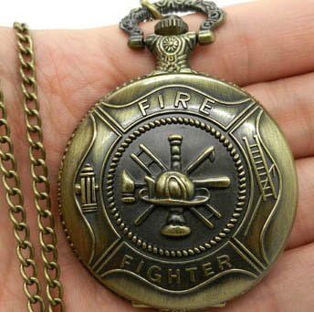 Bronze Fire Fighter Control Quartz Pocket Watch Necklace Pendant Gift