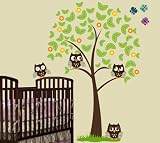 6ft Tree with 4 Owls, Butterflies, Grass and Flowers Wall Decal Art Sticker Kids Mural