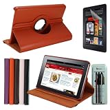 Rasfox Orange 360 Rotating Leather Flip Hard Stand Case Cover + Screen Protector + 3 Stylus Pen for Amazon Kindle Fire Tablet (All Models)