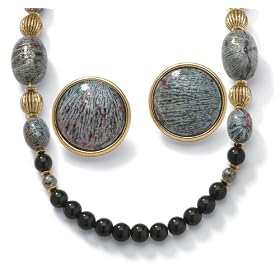14k Gold-Plated Beaded Lucite Necklace and Clip-On Earring Set - Free magnetic Bracelet