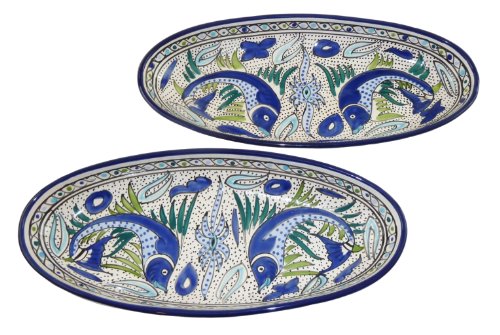 Le Souk Ceramique Large Oval Platters, Set of 2, Aqua Fish Design On Sale