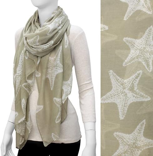 Womens Taupe / Green Starfish Pattern Wide Scarf. Approx. 44" W X 72" L. 100% Polyester.