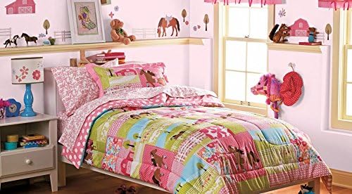 Girls Pony 7 pc Full Bed in a Bag! Pink Horses Reversible Comforter, Sheets & Shams Bedding Collection