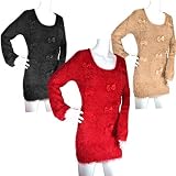 Fluffy Bow Knitted Tunic Jumper Dress Top Womens Size 8-14