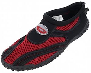 Women's Easy USA Wave Water Shoes Pool Beach Aqua Socks, Yoga , Exercise , Dance (8, Black/Red 1185L)