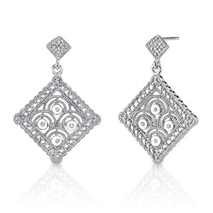 Vintage Fest: Sterling Silver Art Deco Inspired Filigree Lace motif Bridal Jewelry Post Earrings with CZ Diamonds