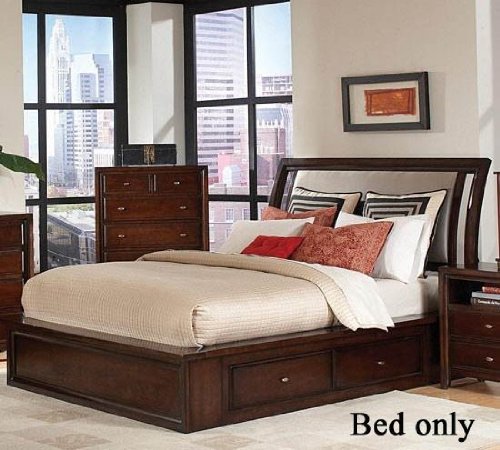 Queen Size Bed with Fabric Headboard in Mahogany Finish