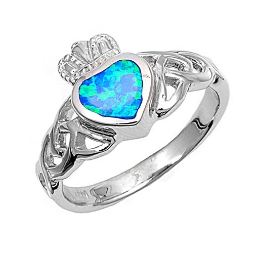 Sterling Silver Blue Opal Claddagh Ring Sizes 5 to 9