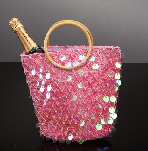 Trendy Strandtasche mit Pailetten, aus festem Bast in rosa