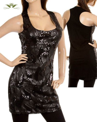 Tunics & Kaftans Children (UK): BLACK SPARKLY SEQUIN LONG STRAPPY TOP SCALLOPED SHELL DESIGN 