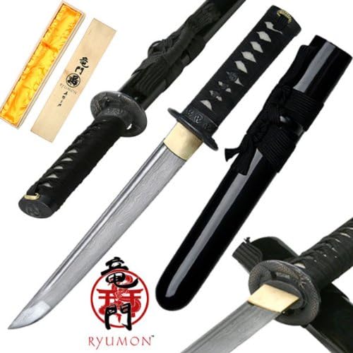 RYUMON RAIJIN HAND FORGED CARBON STEEL DAMASCUS TANTO BLADE