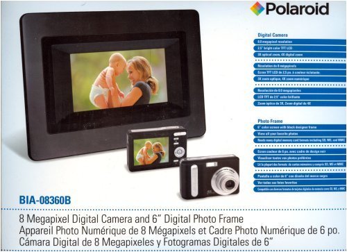 Polaroid i830 - Digital camera - compact - 8.0 Mpix - optical zoom: 3 x - supported memory: MMC, SD, SDHC - black - with Polaroid DPA-0600 6 Digital Photo Frame with Alarm Clock Radio