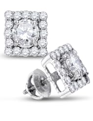14K White Gold Round Brilliant Cut Diamond - Square Princess Shape Halo Prong Set Studs Earrings with Secure Screw Back Closure - (.87 cttw.)
