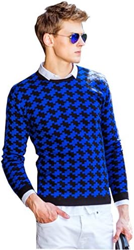 Pste Men's Crew Check Print Fall Slim Cotton Knit Sweater Jumper Royal Blue S