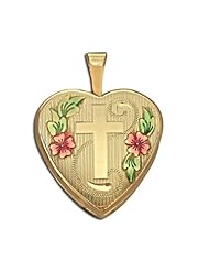 14K Gold Filled Yellow "Cross" Heart Locket w/ Enamel 2/3 inch x 2/3 inch