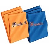 Orange and Blue Bride and Groom Beach Towels