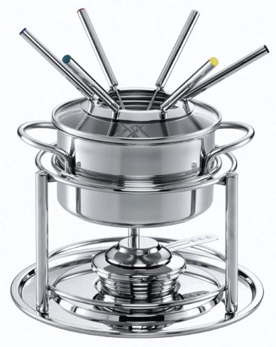 Silit Visio Fondue-Set Edelstahl Rostfrei: 6 Fonduegabeln, Glas-Spritzschutz, Rechaud m. Brenner, Sicherheitsbrennpaste u. Unterteller 16 cm &Oslash;