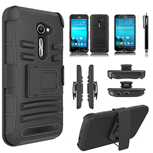 Asus Zenfone 2E Case, Combo Rugged Shell Cover Holster with Built-in Kickstand and Holster Locking Belt Clip Black + HD Screen Protector + Circle(TM) Stylus Touch Screen Pen