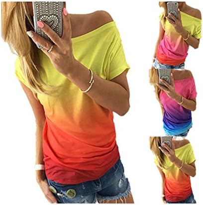 ZHU Women Casual Sexy Off Shoulder Gradient Color Print Blouse Shirt Summer Tops Pink Blue