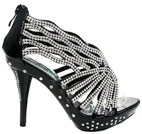 Decent76 Dazzling Rhinestone Wave Cut Out Strappy Evening Dress High Heel Pump Sandals