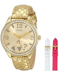 GUESS Womens U0352L3 Iconic Gold-Tone Wardrobe Watch Set with 3 Interchangeable Genuine Leather Straps in White, Gold & Pink