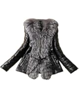 Froomer Women's Faux Raccoon Fur Collar Coat Short Leather Jacket