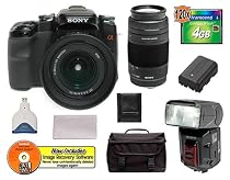 Sony Alpha A100 A100K 10.2MP Digital SLR Camera Kit with 18-70mm f3.5-5.6 Lens + Sony Alpha 75-300mm f/4.5-5.6 Zoom Lens + Sony Alpha HVL-F36AM Flash + Transcend 4GB 120X CompactFlash Card + USB Card Reader + Spare Replacement Battery for Sony NP-FM55H + Deluxe SLR Gadget Bag